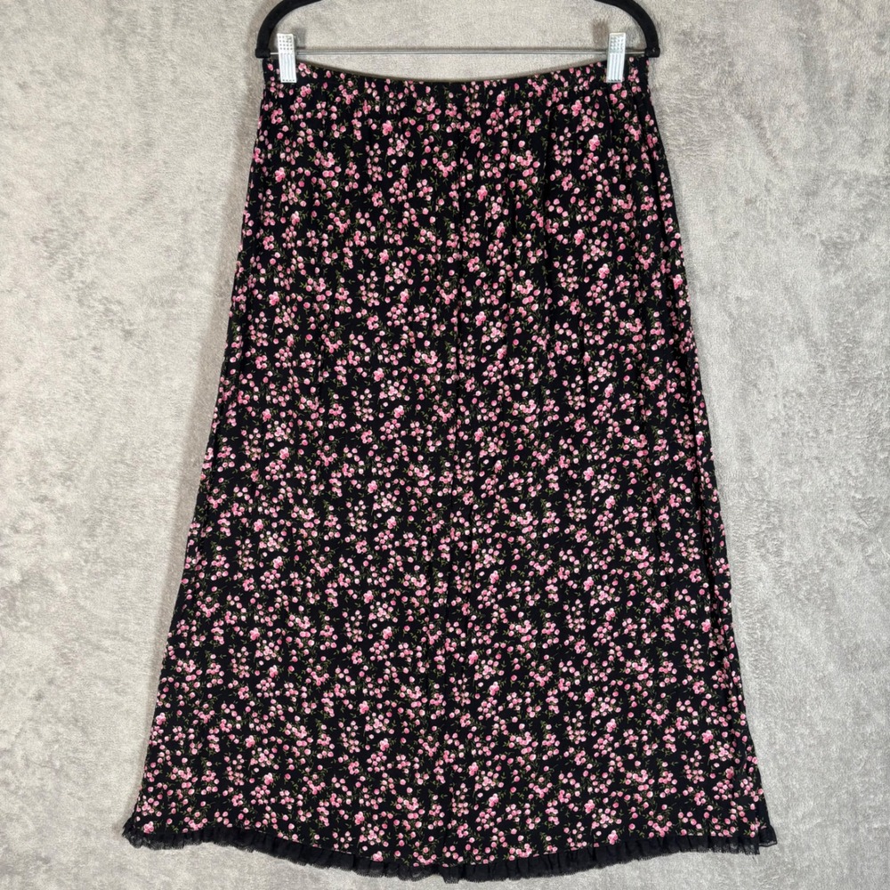 San Michelle Bay Black Pink Floral Rayon Maxi Skirt Lace Trim Size L/38 Fairy